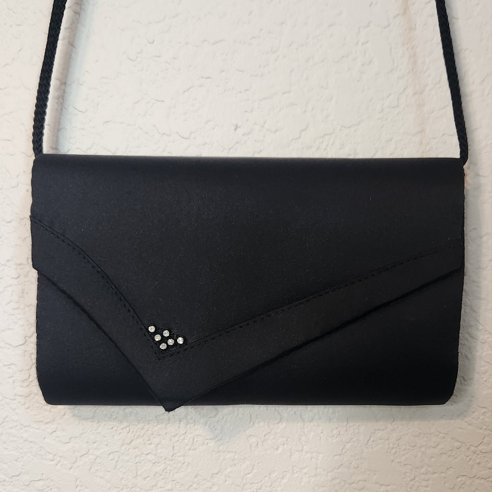 LA Regale Vintage 1980s Black Satin Clutch/ Crossbody with Rhinestones